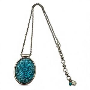 Lucky Brand Blue Teal Filigree Clover Oval Pendant Necklace